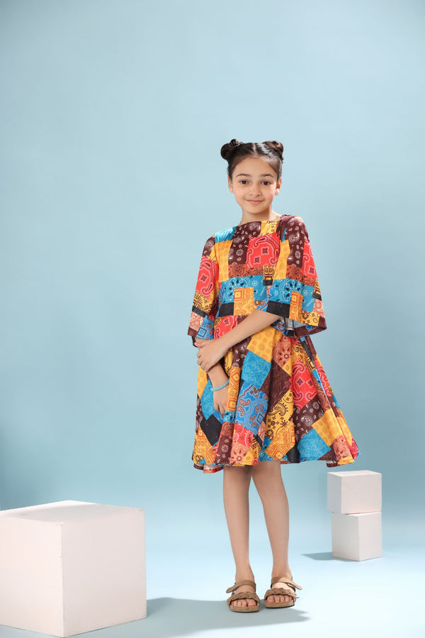 Abstract Print Cape Sleeves Frock Dress